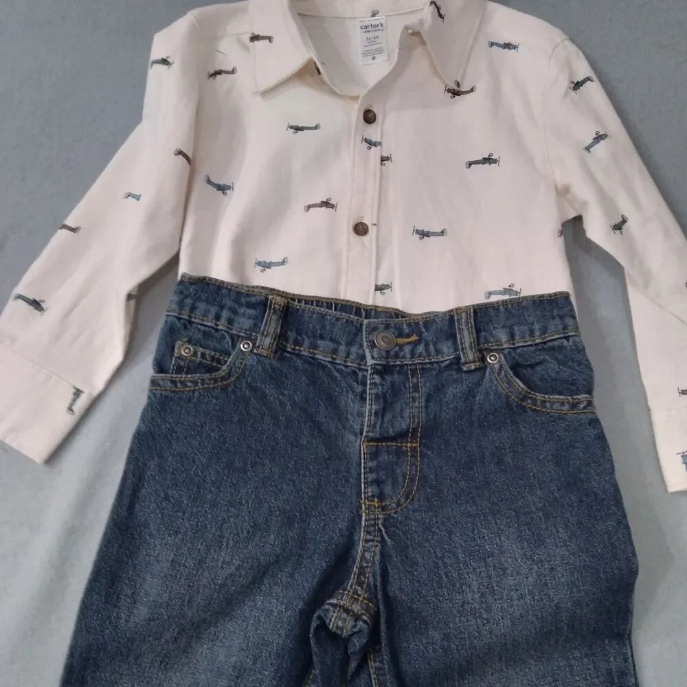 Carters Outfit Boy Sz 18m Jeans Shirt Airplanes Easter Warm Festival Spring 2pc